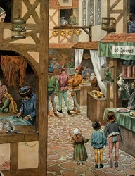 Storia della Francia nel Medioevo: una strada di Parigi dopo che re Luigi XI, detto il Prudente (1423-1483), firmò il trattato di Péronne con Carlo il Temerario. I parigini avevano comprato pappagalli ai quali avevano insegnato a dire «Péronne» per
