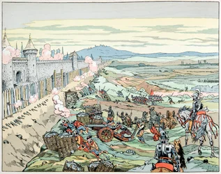 Illustrazione tratta dal libro “Le bon roy Henri”, illustrata da Jacques Marie Gaston Onfray de Breville detto JOB (1858-1931): Enrico IV assalta il sobborgo di Parigi nel 1590 - Collezione privata