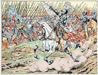Illustrazione tratta dal libro "Le bon roy Henri", illustrata da Jacques Marie Gaston Onfray de Breville detto JOB (1858-1931): Enrico IV davanti al suo esercito: Seguite la mia piuma bianca - Collezione privata