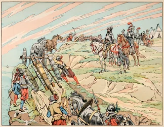 Illustrazione dal libro “Le bon roy Henri”, illustrato da Jacques Marie Gaston Onfray de Breville detto JOB: Enrico IV in guerra stabilì il suo campo vicino a Dieppe con la sua artiglieria