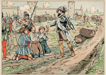 Illustrazione tratta dal libro “Le bon roy Henri”, illustrata da Jacques Marie Gaston Onfray de Breville detto JOB (1858-1931): Enrico IV dà denaro e libera i contadini che hanno cercato di introdurre cibo a Parigi - Collezione privata