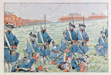 Jacques Marie Gaston Onfray de Breville detto JOB (1858-1931); Illustrazione dal libro "Les épées de France": La battaglia di Fontenoy l