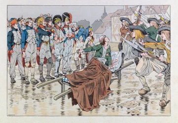 Illustrazione dal libro Les épées de France: Il marchese de Bonchamps ferito mortalmente dopo la battaglia di Cholet nel 1793 salva prigionieri repubblicani dalle mani dei chouan