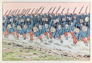 Jacques Marie Gaston Onfray de Breville detto JOB (1858-1931); Illustrazione dal libro "Les épées de France": Les poilus de 14 en route pour le front
