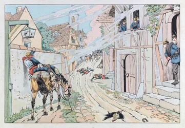Jacques Marie Gaston Onfray de Breville detto JOB (1858-1931); Illustrazione dal libro "Les épées de France": Episodio della guerra franco-prussiana del 1870, Assalto dato dai 9° Corazzieri nel villaggio di Morsbronn; Coll, Part