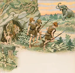 Durante la preistoria, uomini delle caverne proteggono le loro famiglie da un attacco di mammut