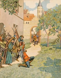 Jacques Marie Gaston Onfroy de Breville dit JOB - Storia del Belgio: Jacques Van Artevelde detto il saggio di Gand, cade sotto i colpi della popolazione, Collezione Privata