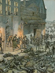 Jacques Marie Gaston Onfray de Breville detto JOB (1858-1931) - Storia del Belgio: Nella notte tra il 27 e il 28 ottobre 1468 seicento Franchimontani sorprendono i soldati francesi di Carlo il Temerario e Luigi XI nel loro campo