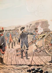 Jacques Marie Gaston Onfray de Breville detto JOB (1858-1931) - Il primo colpo di cannone al quartier generale di Yorktown nel settembre 1781