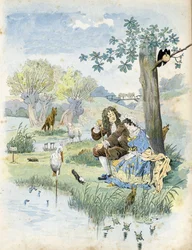 Jean de La Fontaine (1621-1695) parla con una giovane ragazza. Intorno a loro, animali presenti nelle favole del poeta: lupo, agnello, cicogna, tartaruga, topo, rana, lepre, volpe, corvo... In 