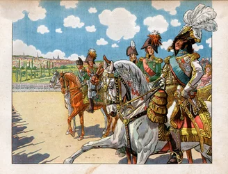 Joachim Murat (1767-1815) accompagnò Napoleone I Bonaparte (1869-1921) e Alessandro I, Imperatore di Russia (1777-1825) durante la revisione delle truppe durante il Trattato di Tilsit il 7 luglio 1807. Incisione di Jacques Marie Gaston Onfray de Breville d