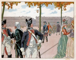 Joachim Murat e Bessieres a Parigi nel 1791 con il costume della guardia costituzionale del re. Incisione di Jacques Marie Gaston Onfray de Breville detto Job