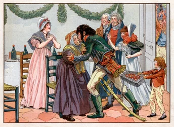 Gioacchino Murat (1767-1815) tornato a casa bacia sua madre nella locanda di famiglia. Incisione di Jacques Marie Gaston Onfray de Breville detto Job (1858-1931)
