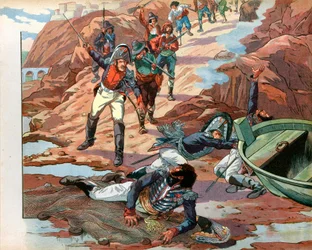 Joachim Murat (1767-1815), re deposto di Napoli, preso prigioniero a Pizzo in Calabria dalla folla ostile nel 1815. Incisione di Jacques Marie Gaston Onfray de Breville detto Job
