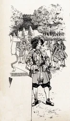Re Luigi XIV di Francia detto Re Sole con i suoi cortigiani nei giardini di Versailles. Illustrazione di Job per il libro 