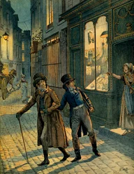 Louis Antoine Fauvelet de Bourrienne (1769-1834) e Napoleone I Bonaparte (1769-1821) per le strade di Parigi in incognito. Illustrazione di Jacques Marie Gaston Onfray de Breville detto JOB (1858-1931). Collezione privata