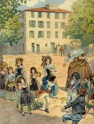 Napoleone I Bonaparte (1769-1821) ad Ajaccio rimproverato dalla sua governante. Questa è la casa dove Bonaparte nacque il 15 agosto 1769. Illustrazione di Jacques Marie Gaston Onfray de Breville dit JOB (1858-1931)