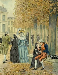 Napoleone I Bonaparte visita sua sorella Elisa Bonaparte alla casa reale di Saint Cyr. Illustrazione di Jacques Marie Gaston Onfray de Breville dit JOB