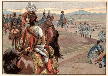 Napoleone I Bonaparte con Joachim Murat durante la resa di Ulm nel 1805. Incisione di Jacques Marie Gaston Onfray de Breville dit Job (1858-1931)