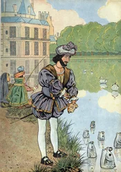 Scena della storia di Francia con giocattoli: il re di Francia Francesco I (1494-1547) dà pane ai pesci del parco di Fontainebleau. In "Joujoux à l
