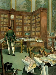 Gabinetto di lavoro di Napoleone I Bonaparte (1769-1821) al primo piano del Palais des Tuileries quando era Primo Console. Scrivania con biblioteca e orologio in legno. Illustrazione di Jacques Marie Gaston Onfray de Breville, detto JOB (1858-1931).