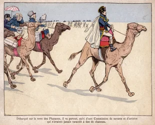 Napoleone in Egitto - Durante la sua campagna egiziana, è accompagnato da studiosi con cui visita i siti archeologici - litografia di Job