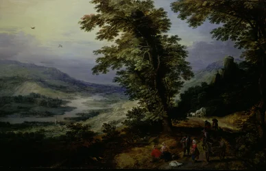 Strada di montagna con viaggiatori, c. 161025