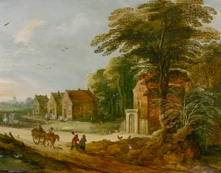 Viaggiatori che attraversano un villaggio, fine XVI o inizio XVII secolo
